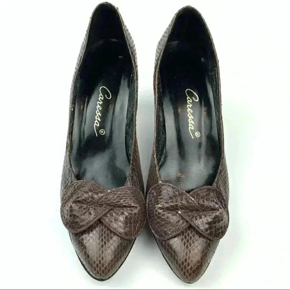 Canessa womens heels size 8 AA brown snakeskin bow vintage 80s - Picture 2 of 15